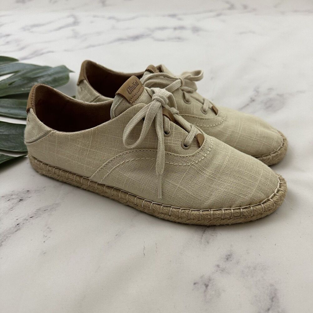 Olukai Womens Kaula Pa'A Li Espadrille Flats Size 7.5 Cream Lace Up NO INSOLE